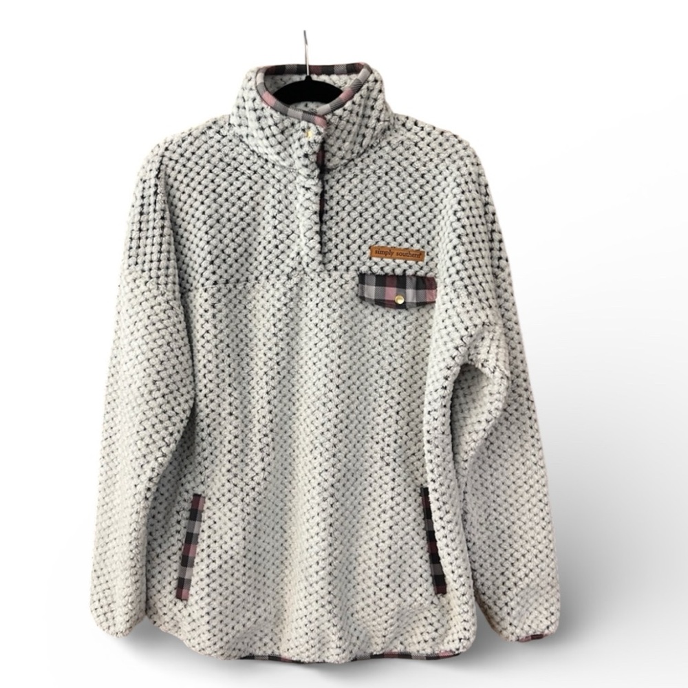 Simply Southern Textured Soft Pullover Plaid Banding, Front Pockets, Chest-48”